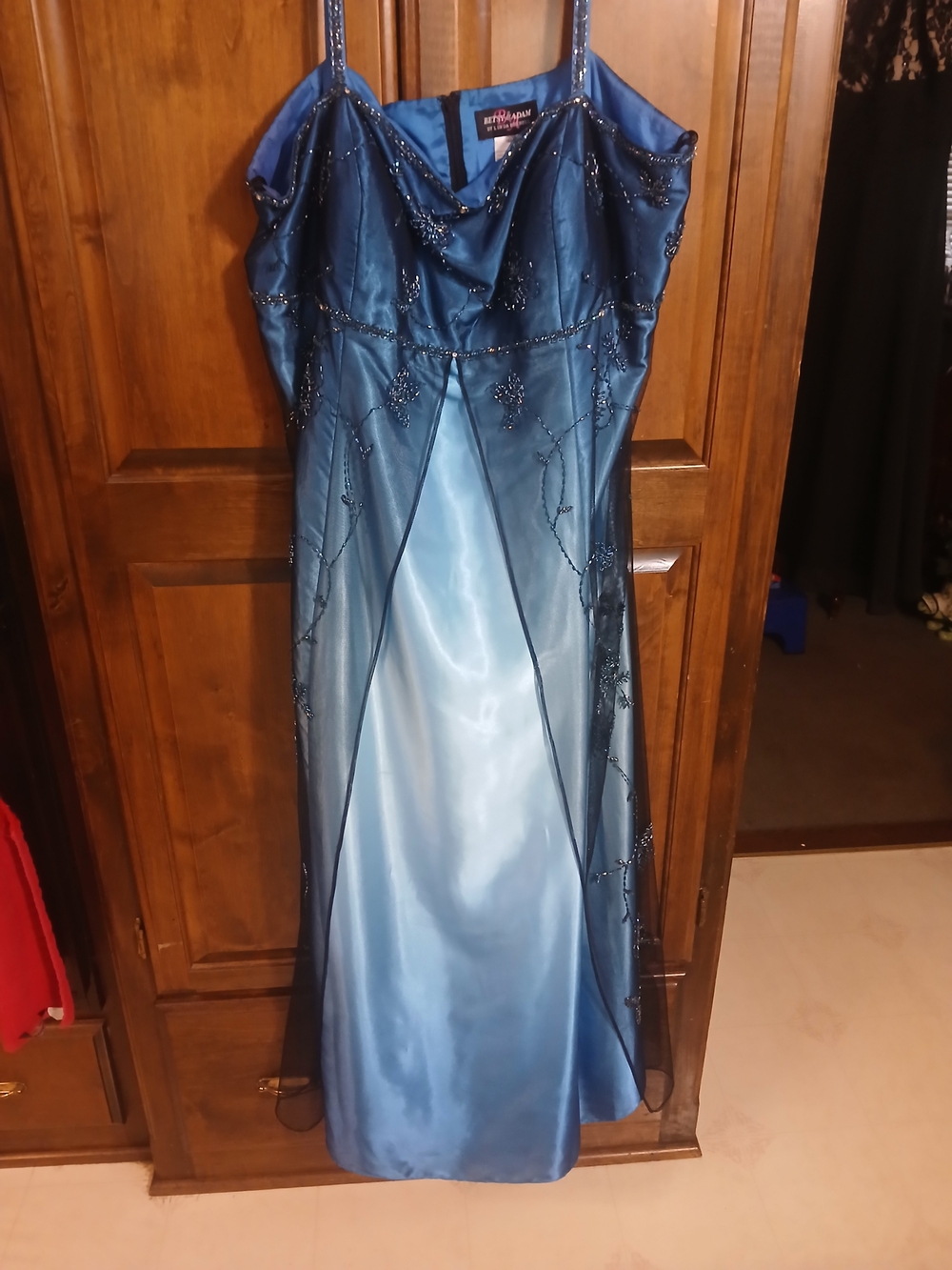 Betsy & Adam Blue Beaded Prom Dress